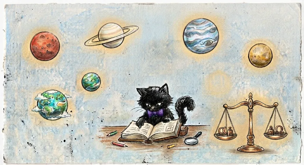 惑星と天秤に囲まれて本を読む黒猫のイラスト
