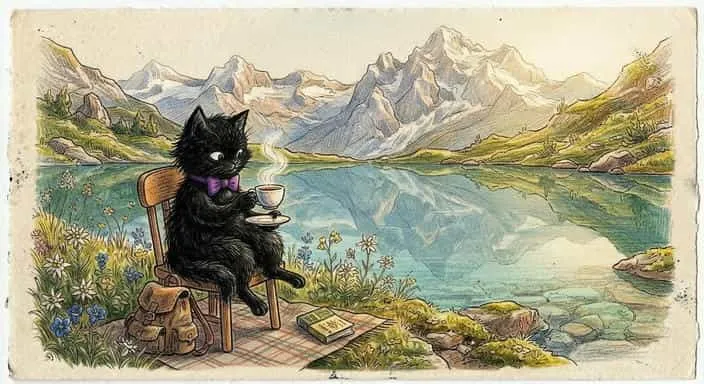 山と湖を眺めながら、椅子に座ってお茶を飲む黒猫のイラスト