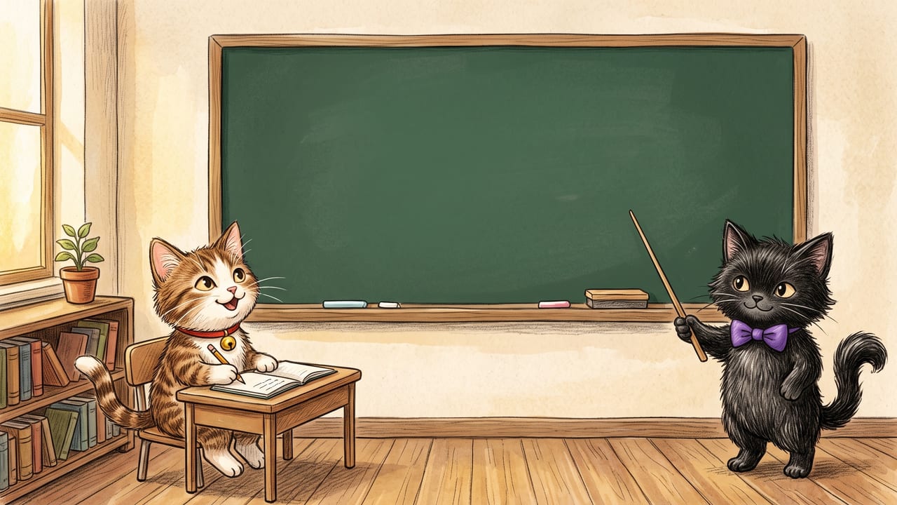 教室の黒板の前で、紫の蝶ネクタイの黒猫のすみちゃんが指し棒で黒板を指し、机に座った赤い首輪の茶白の猫のそらちゃんが鉛筆でノートをとっている色鉛筆のイラスト